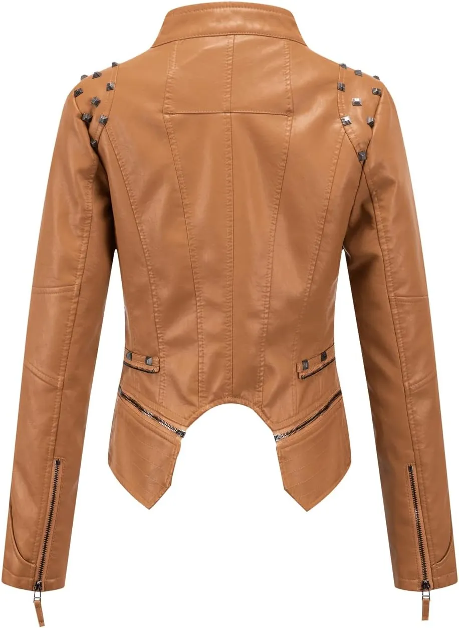 chouyatou Women's Fashion Studded Perfectly Shaping Faux Leather Biker Jacket
