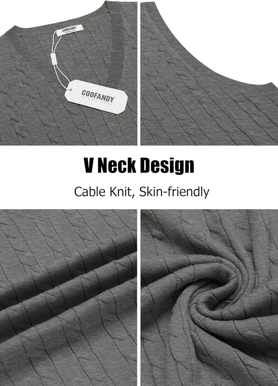 COOFANDY Men's Sweater Vest V Neck Slim Fit Cable Knitted Sleeveless Pullover Sweater