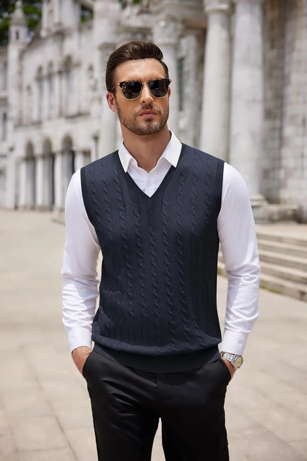 COOFANDY Men's Sweater Vest V Neck Slim Fit Cable Knitted Sleeveless Pullover Sweater