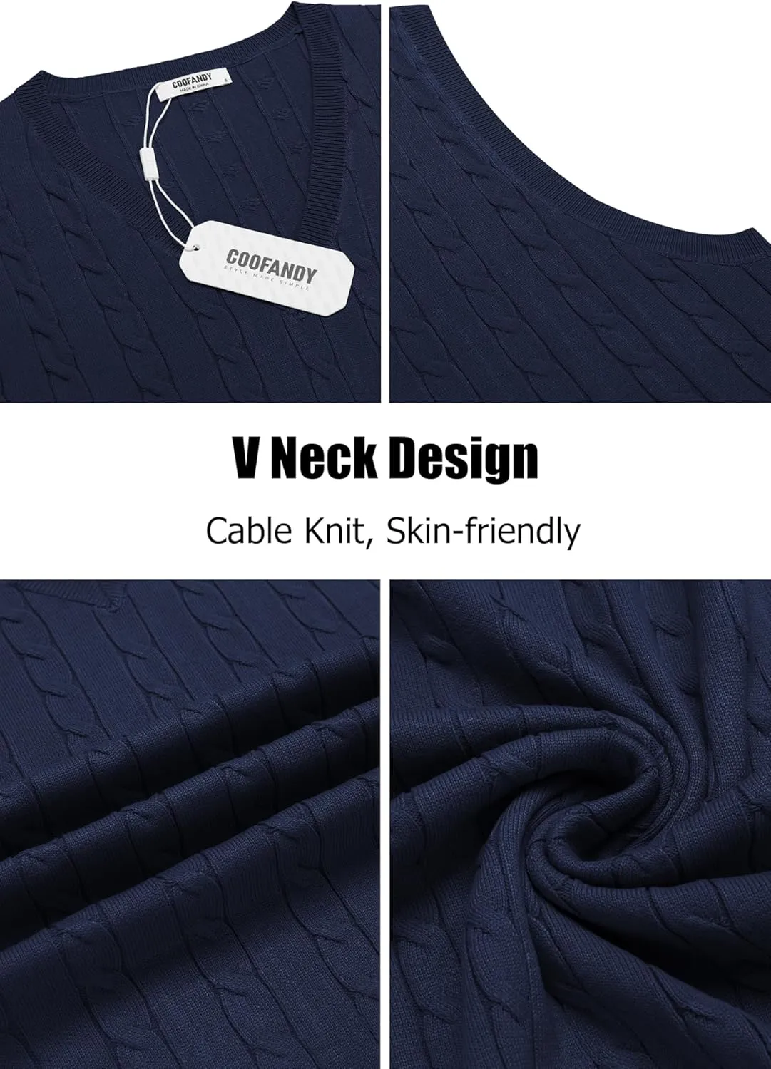 COOFANDY Men's Sweater Vest V Neck Slim Fit Cable Knitted Sleeveless Pullover Sweater