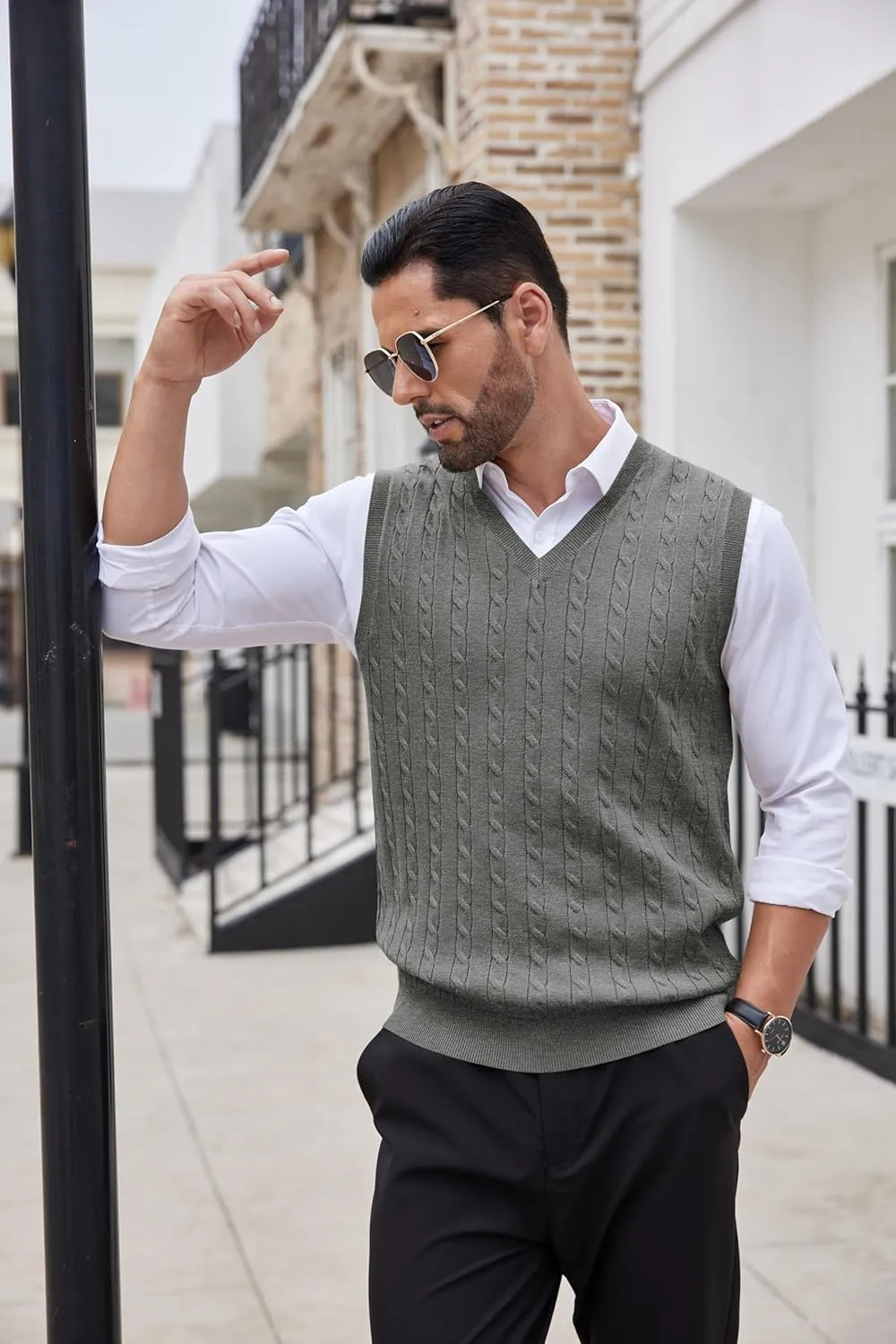 COOFANDY Men's Sweater Vest V Neck Slim Fit Cable Knitted Sleeveless Pullover Sweater