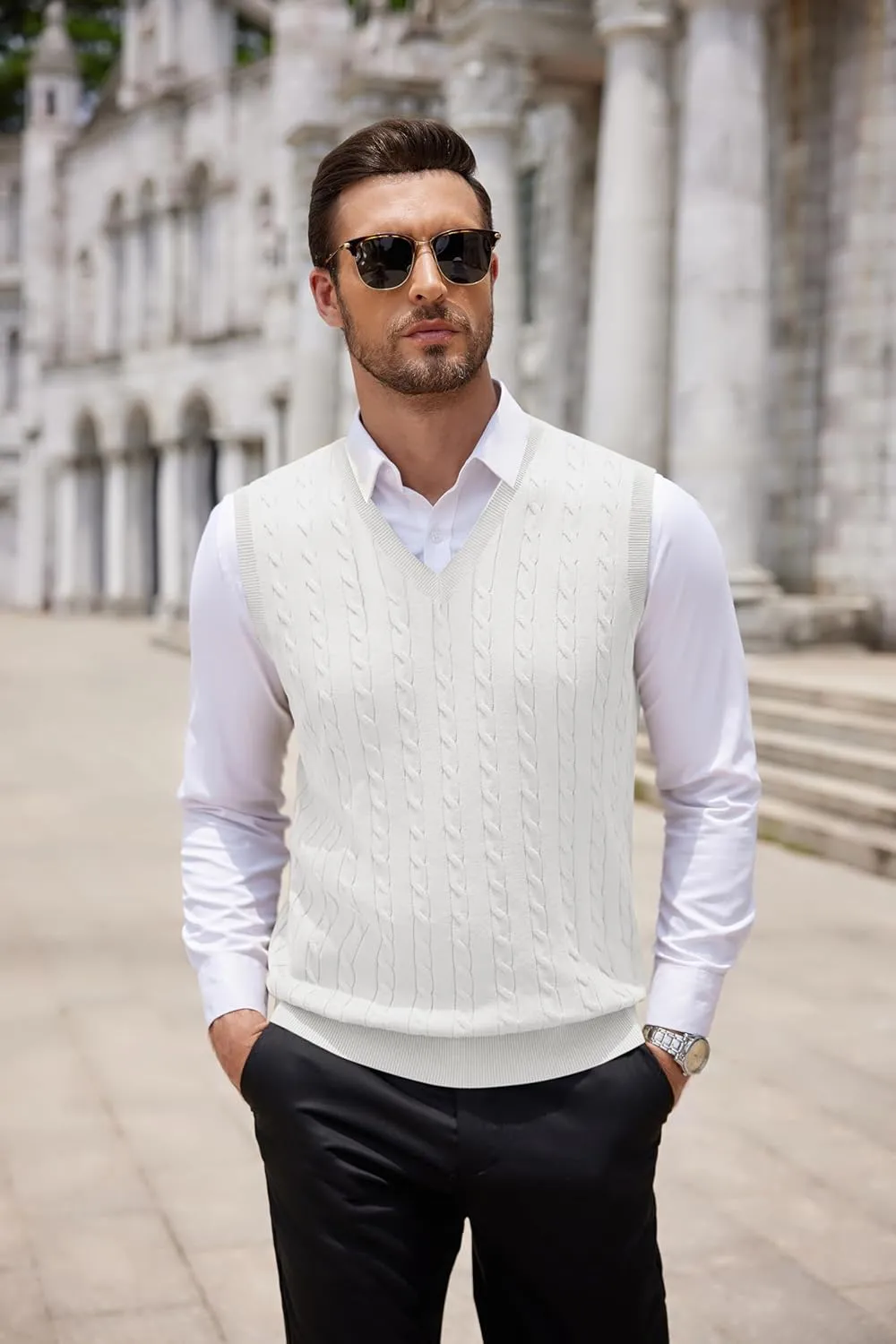 COOFANDY Men's Sweater Vest V Neck Slim Fit Cable Knitted Sleeveless Pullover Sweater