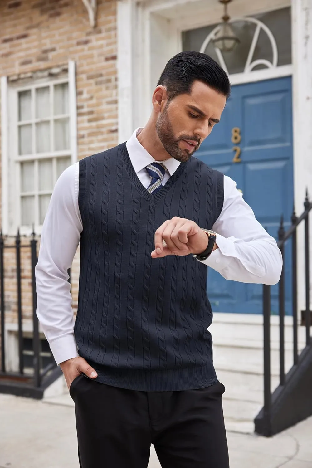 COOFANDY Men's Sweater Vest V Neck Slim Fit Cable Knitted Sleeveless Pullover Sweater