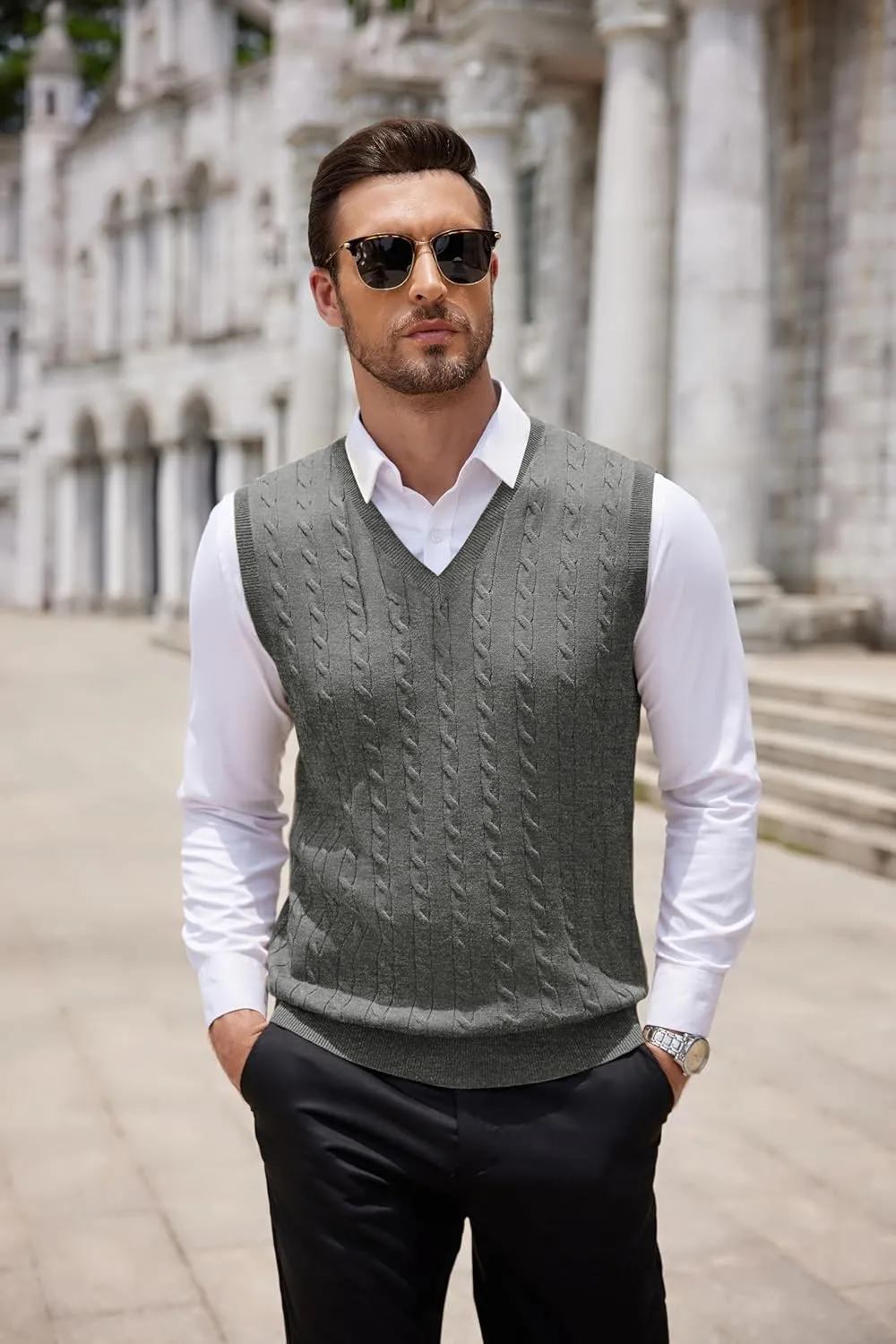 COOFANDY Men's Sweater Vest V Neck Slim Fit Cable Knitted Sleeveless Pullover Sweater