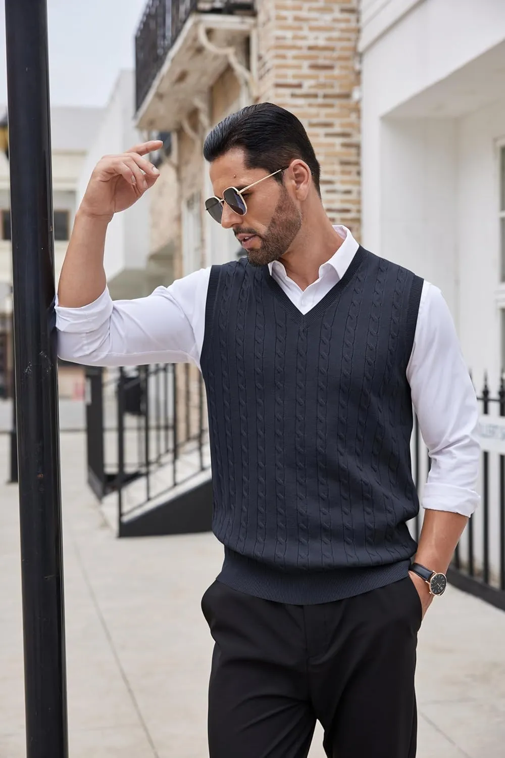 COOFANDY Men's Sweater Vest V Neck Slim Fit Cable Knitted Sleeveless Pullover Sweater