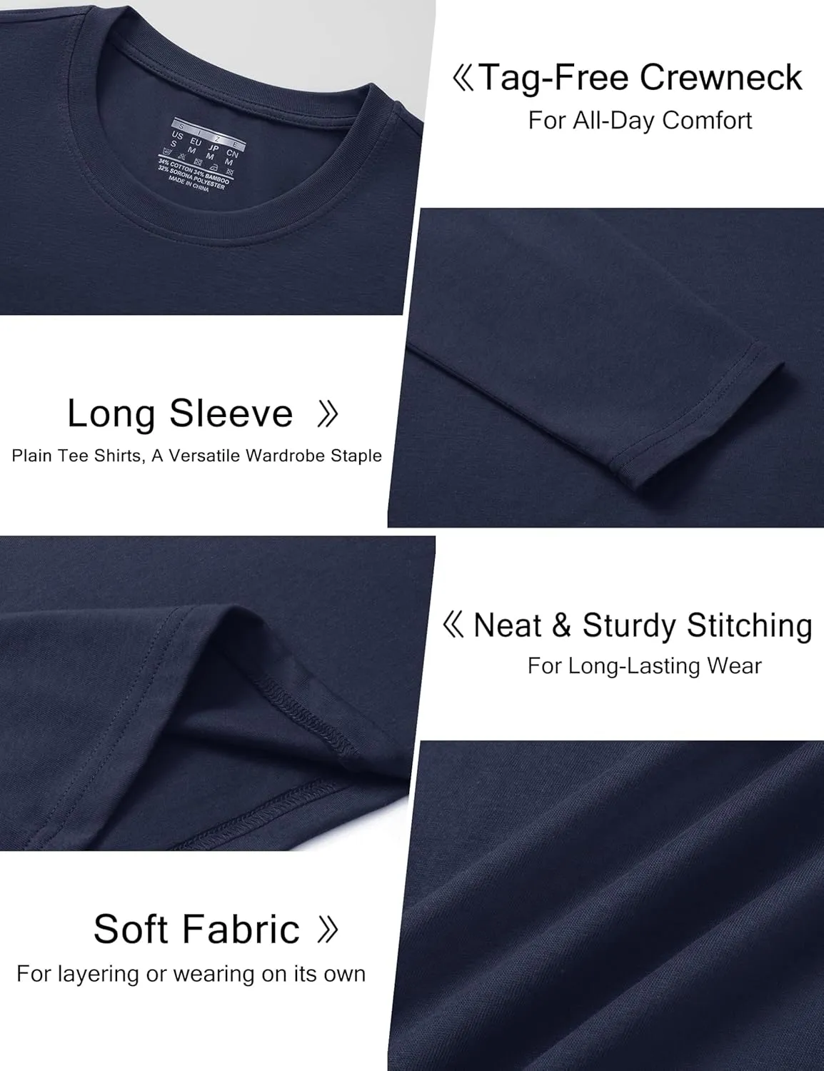 Cotrasen Mens Long Sleeve Tee Shirts Cotton Crew Neck Moisture Wicking Soft Casual Basic T-Shirts