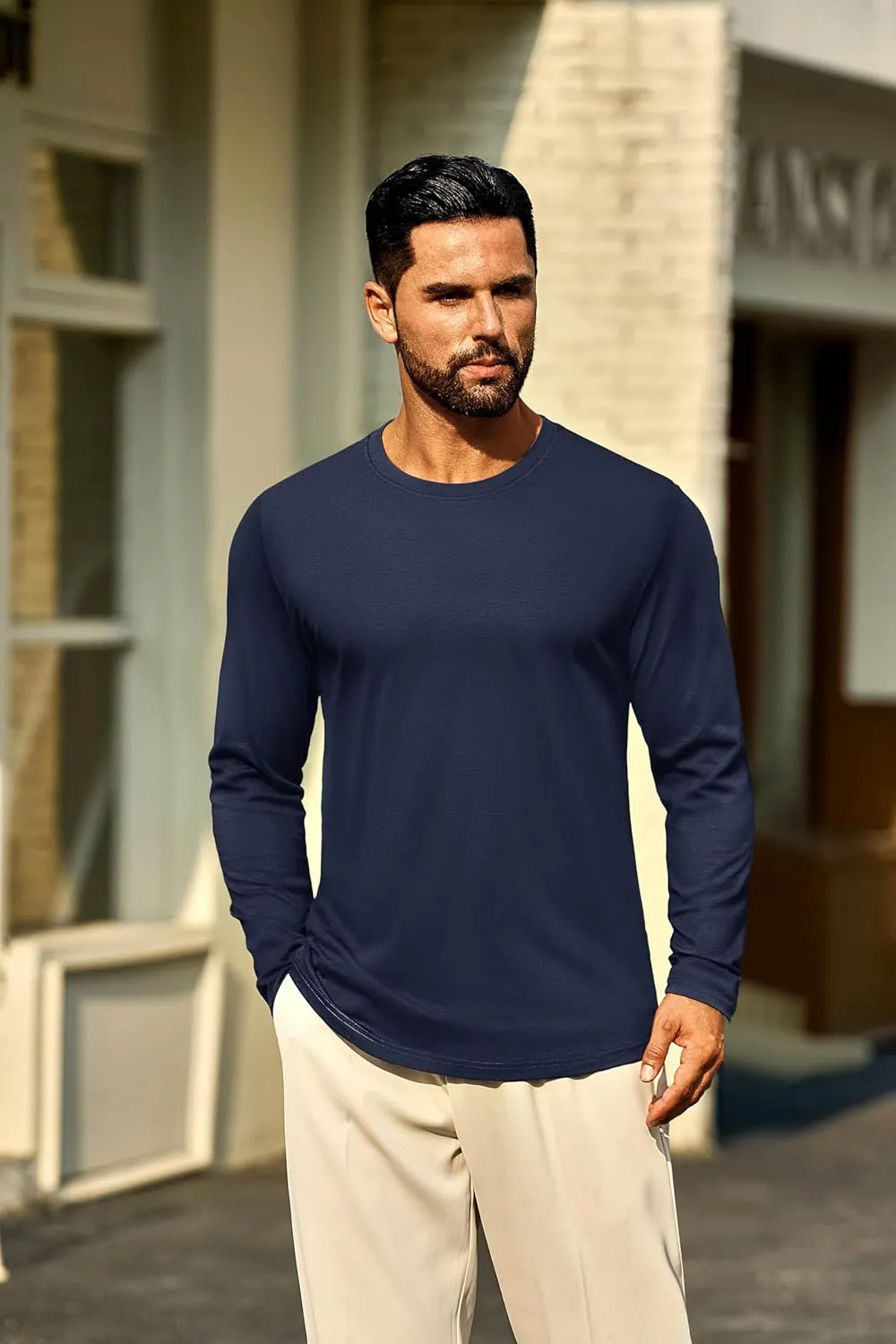 Cotrasen Mens Long Sleeve Tee Shirts Cotton Crew Neck Moisture Wicking Soft Casual Basic T-Shirts