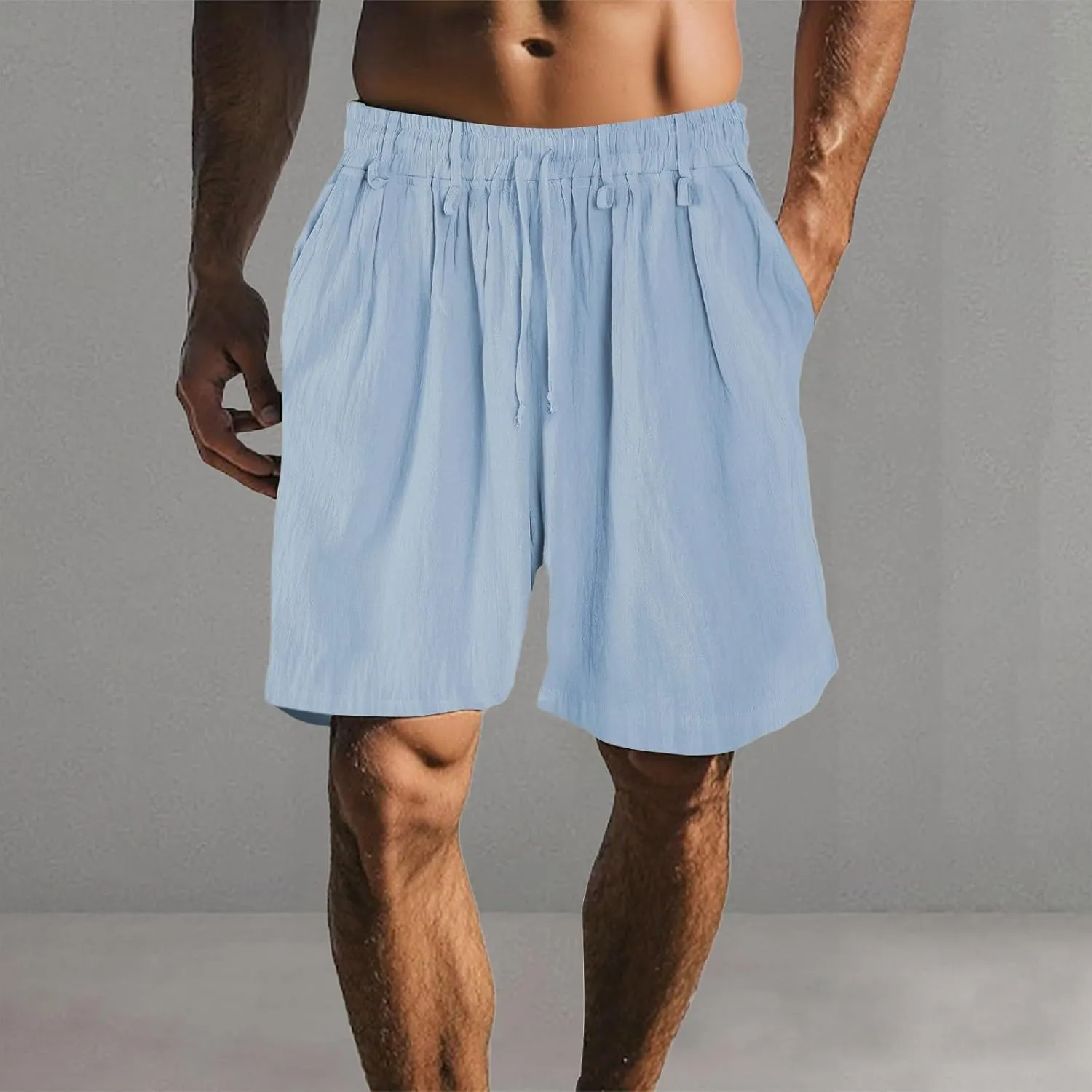 Cotton Linen Shorts for Men Waist Drawstring Pleated Thin Lightweight Loose Fit Cool Summer Pants Lounge Beach Shorts