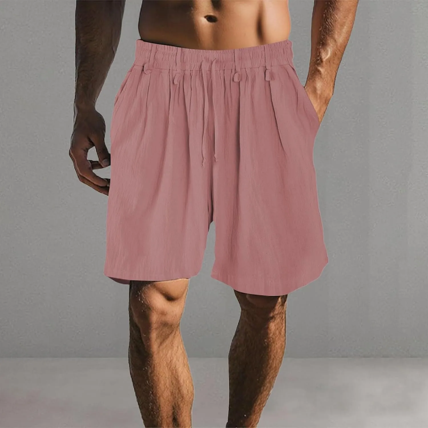 Cotton Linen Shorts for Men Waist Drawstring Pleated Thin Lightweight Loose Fit Cool Summer Pants Lounge Beach Shorts