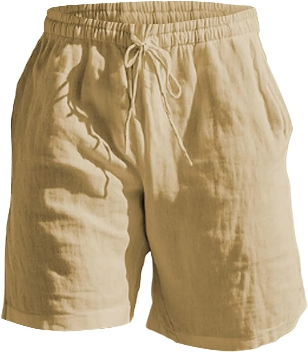 CRNTCEM Mens Cotton Linen Lounge Shorts Elastic Waist Drawstring 11 Inch Inseam Shorts Beach Workout Running Short Pants