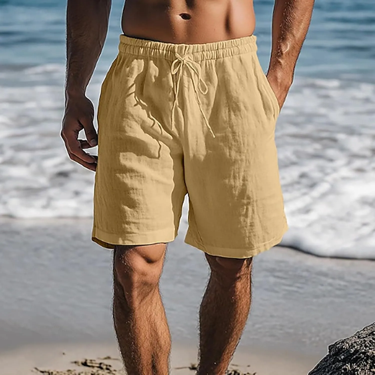 CRNTCEM Mens Cotton Linen Lounge Shorts Elastic Waist Drawstring 11 Inch Inseam Shorts Beach Workout Running Short Pants