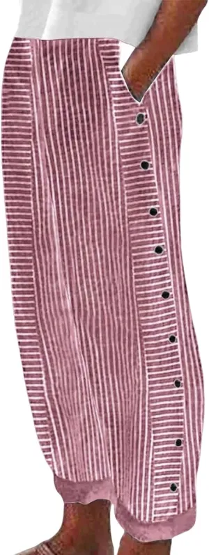 Cropped Pants for Women Striped Side Button Elastic Waist Trendy Pants Wide Leg Capris Pant Comfy Trousers with Pocket