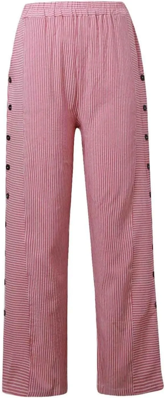 Cropped Pants for Women Striped Side Button Elastic Waist Trendy Pants Wide Leg Capris Pant Comfy Trousers with Pocket