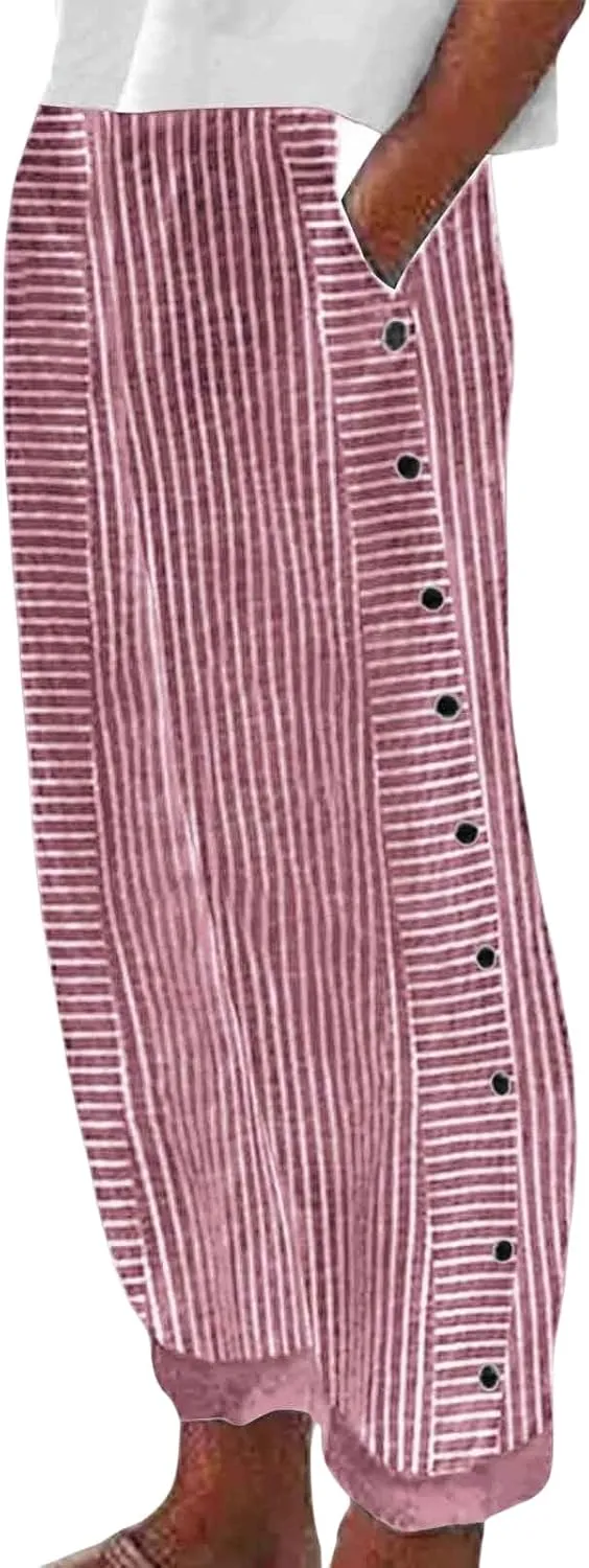 Cropped Pants for Women Striped Side Button Elastic Waist Trendy Pants Wide Leg Capris Pant Comfy Trousers with Pocket