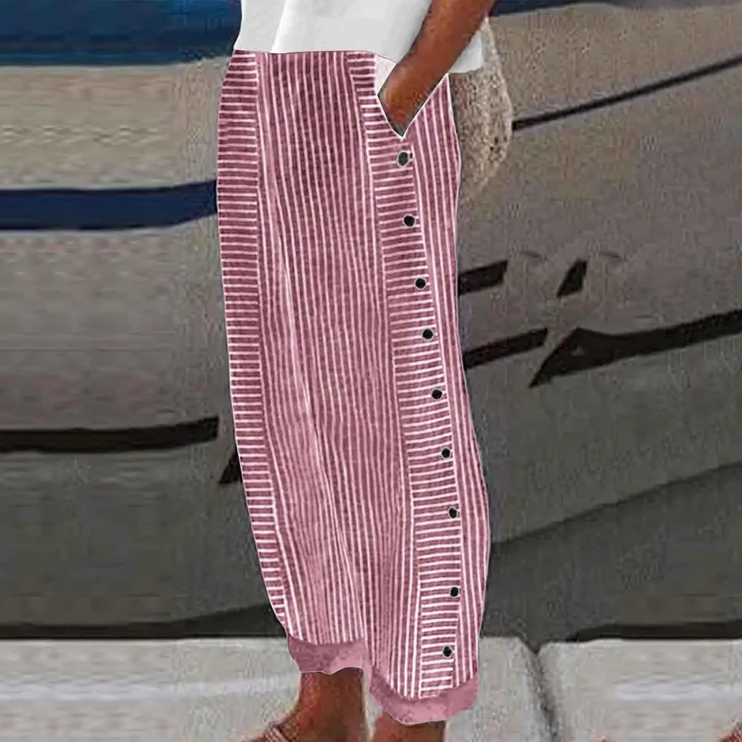 Cropped Pants for Women Striped Side Button Elastic Waist Trendy Pants Wide Leg Capris Pant Comfy Trousers with Pocket