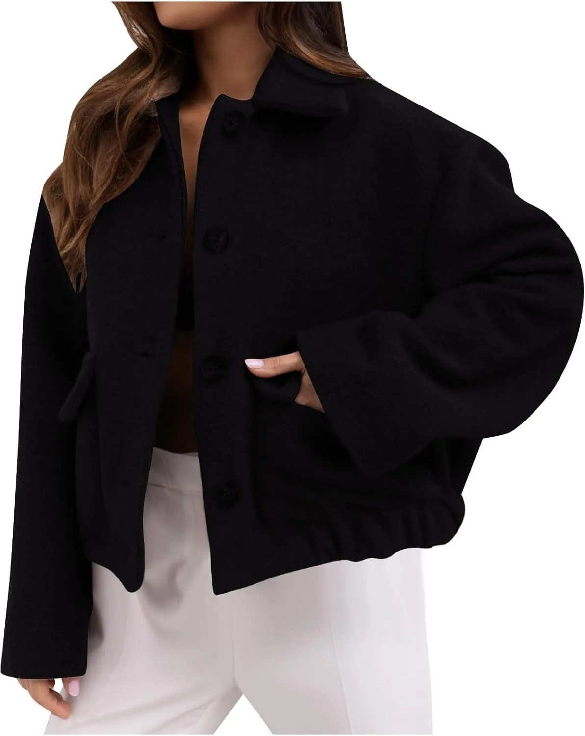 Cropped Trench Coat Women Casual Single Breasted Jacket Short Pea Coat Long Sleeve Wool Blend Jacket Fashion Outfits