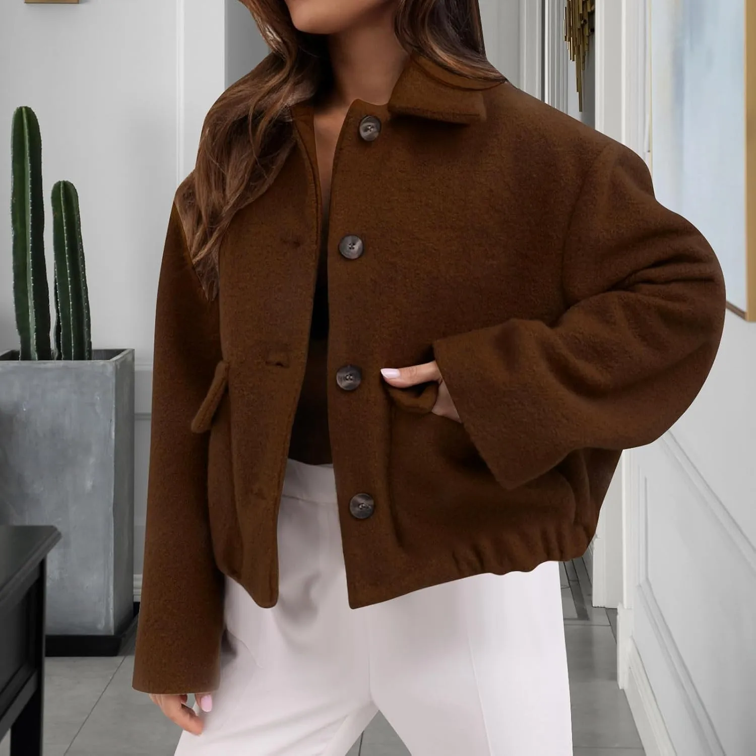 Cropped Trench Coat Women Casual Single Breasted Jacket Short Pea Coat Long Sleeve Wool Blend Jacket Fashion Outfits
