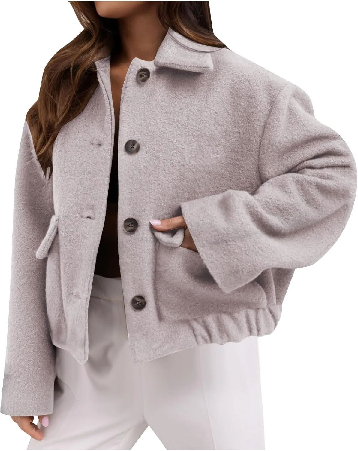 Cropped Trench Coat Women Casual Single Breasted Jacket Short Pea Coat Long Sleeve Wool Blend Jacket Fashion Outfits