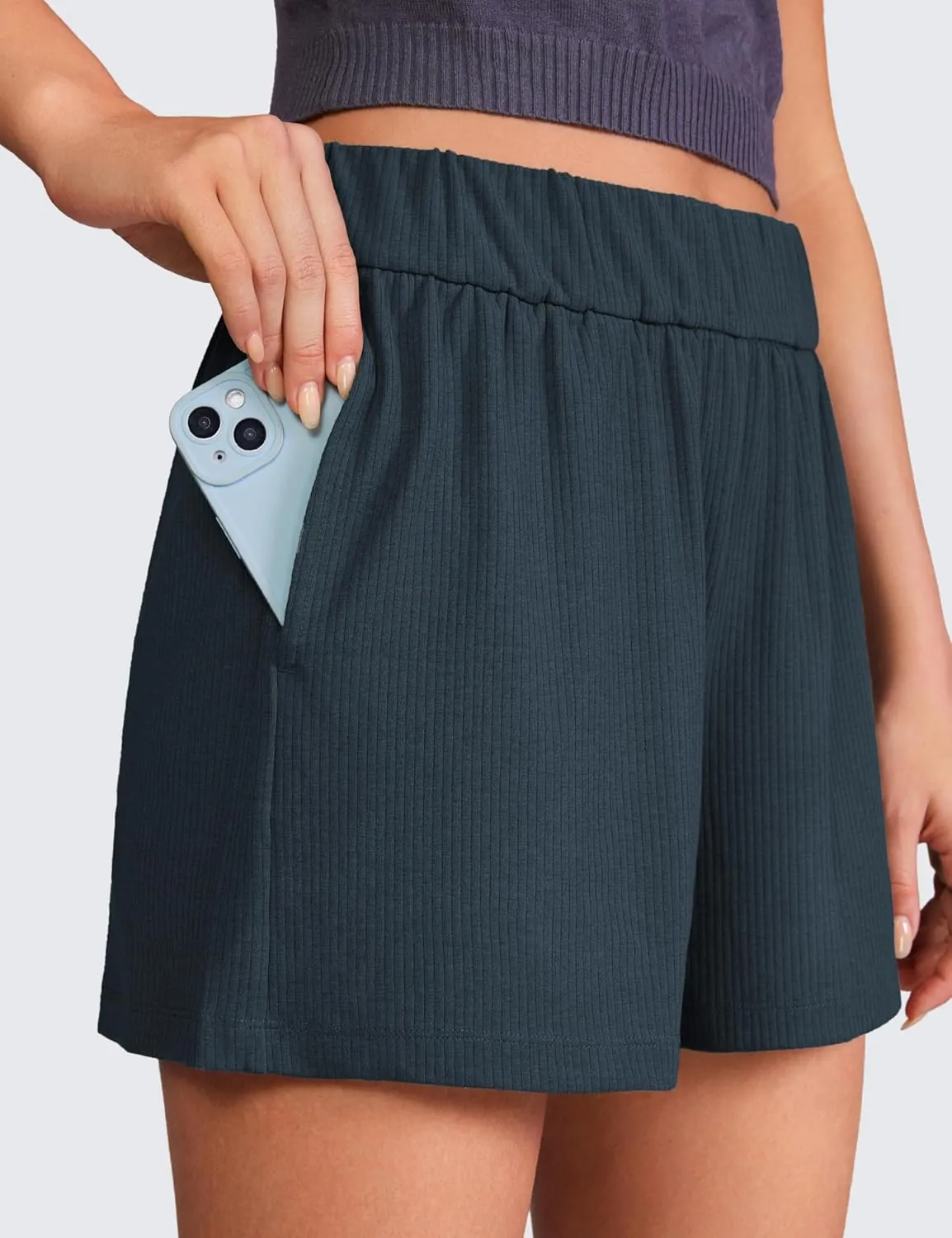CRZ YOGA Comfy Ribbed Sweat Shorts for Women High Waisted Lyocell for Casual Lounge Athletic Jersey with Pockets