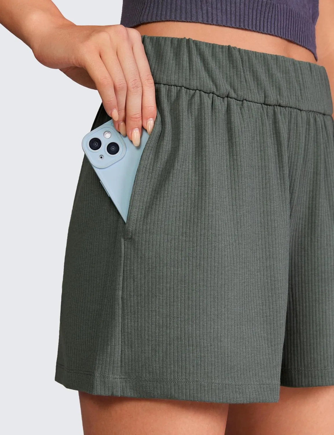 CRZ YOGA Comfy Ribbed Sweat Shorts for Women High Waisted Lyocell for Casual Lounge Athletic Jersey with Pockets