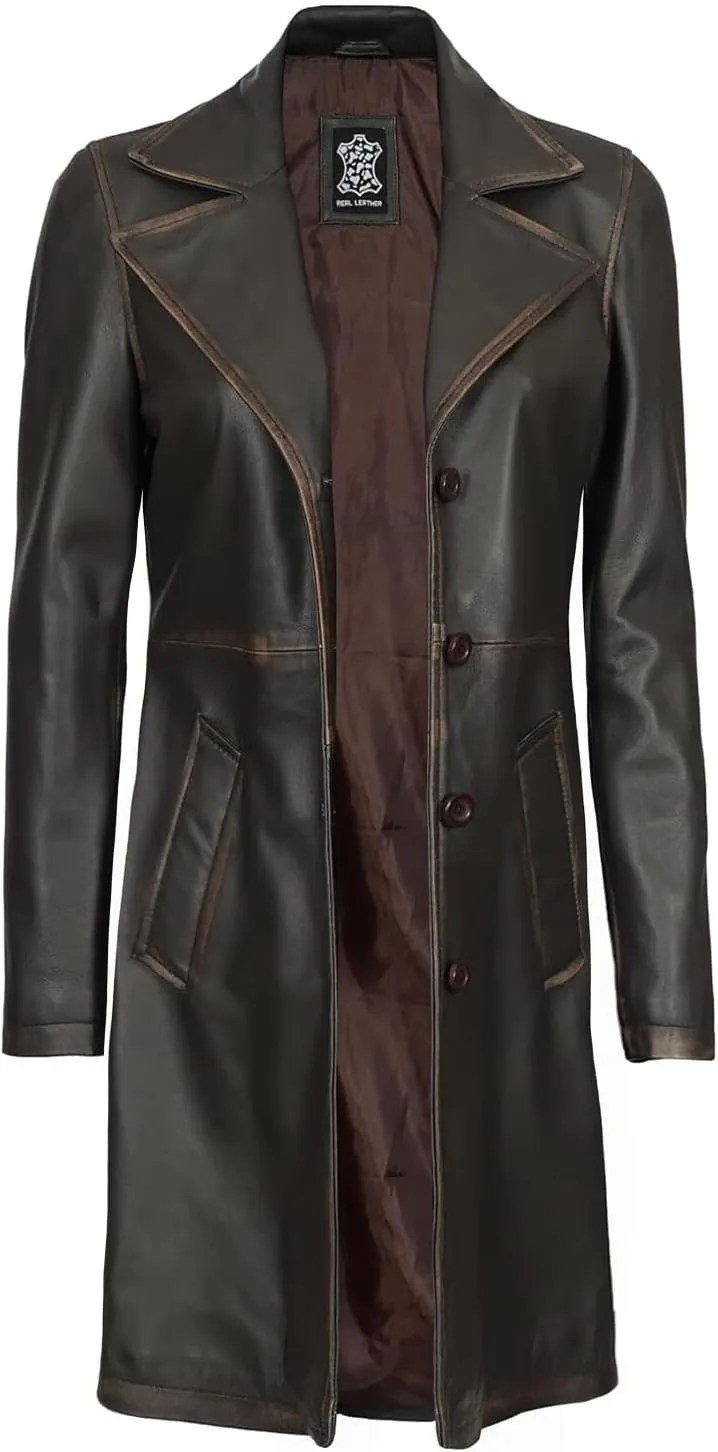 Decrum Leather Coat For Women - Real Leather Fashion Trench Coat Women Long Jacket