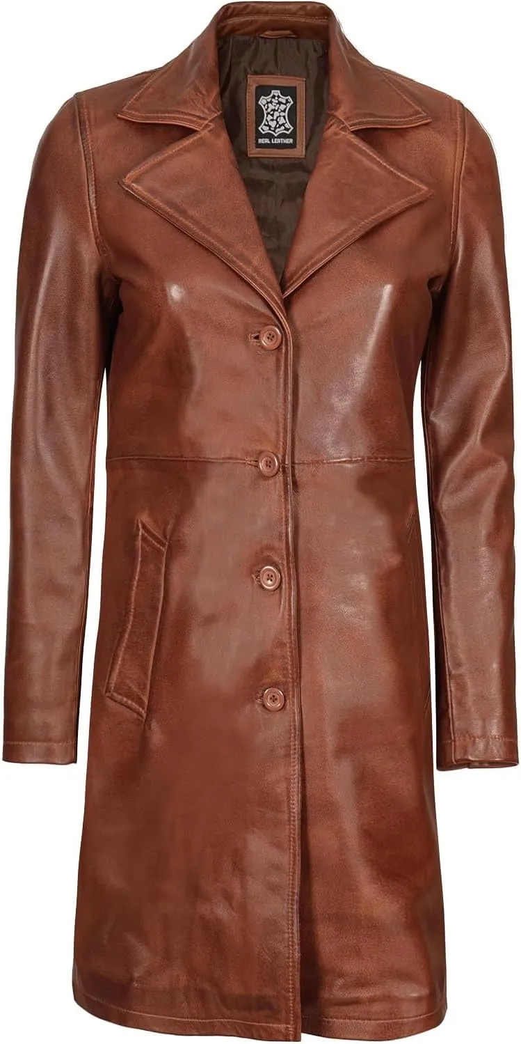 Decrum Leather Coat For Women - Real Leather Fashion Trench Coat Women Long Jacket