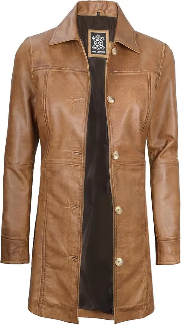 Decrum Leather Coats for Women - Carcoat Style Winter Fashion Womens Long Leather Jackets