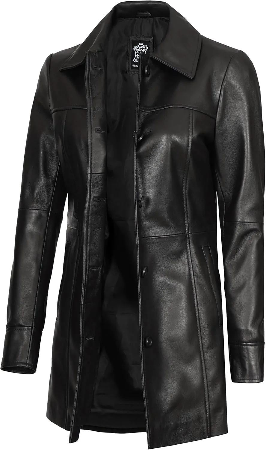 Decrum Leather Coats for Women - Carcoat Style Winter Fashion Womens Long Leather Jackets