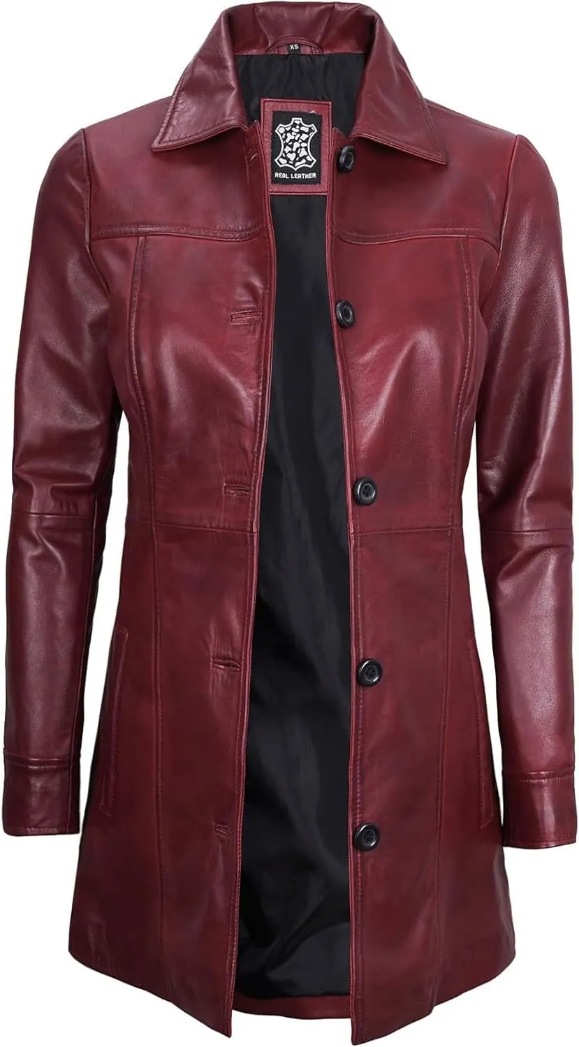 Decrum Leather Coats for Women - Carcoat Style Winter Fashion Womens Long Leather Jackets