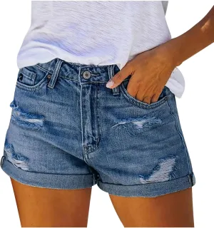 Denim Shorts for Women High Waisted Casual Short Jeans for Women Stretchy Frayed Distressed Ripped Stretchy Shorts for Women