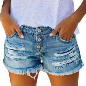 Denim Shorts for Women High Waisted Plus Size Fashionable Pure Color Stretch Vintage Jeans Shorts with Pockets Raw Hem Hot Short Pants Womens Shorts for Summer