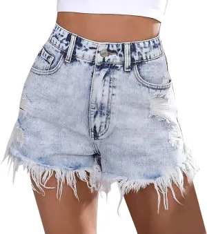 Denim Shorts for Women High Waisted Solid Stretch Cute Mom Jean Shorts with Pockets Raw Hem Hot Short Pants Womens Shorts for Summer