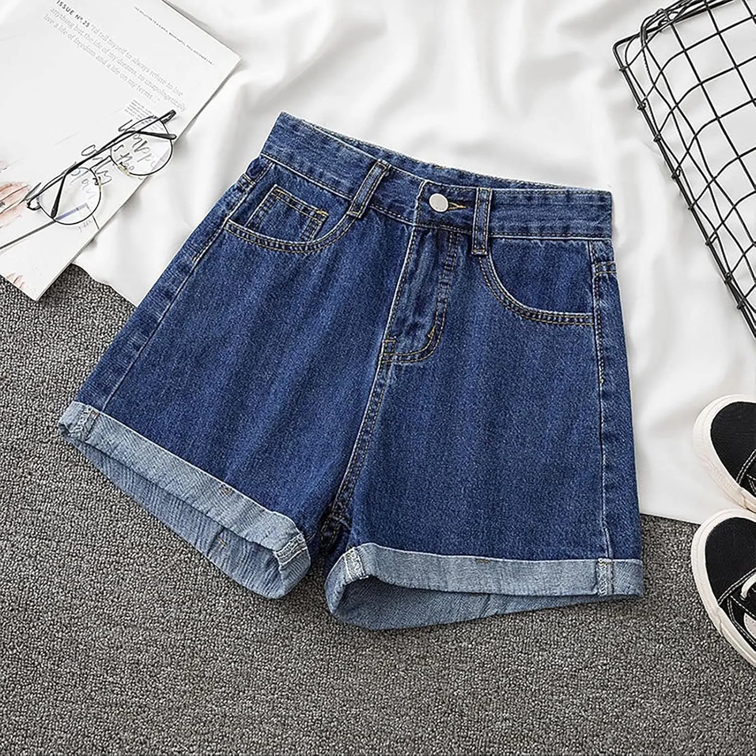 Denim Shorts Women High Waisted Y2K Rolled Hem Distressed Jean Short Stretchy Casual Trendy Shorts with Pockets