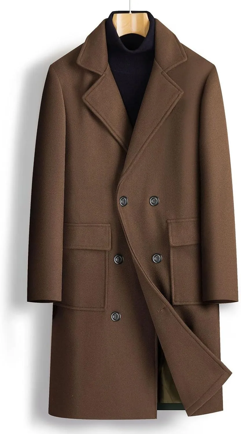 Dgoopd Trench Coat Men Long Double Breasted Coat Notch Lapel Jacket Wool Blend Peacoat Plus Size Overcoat Fall Winter Coats