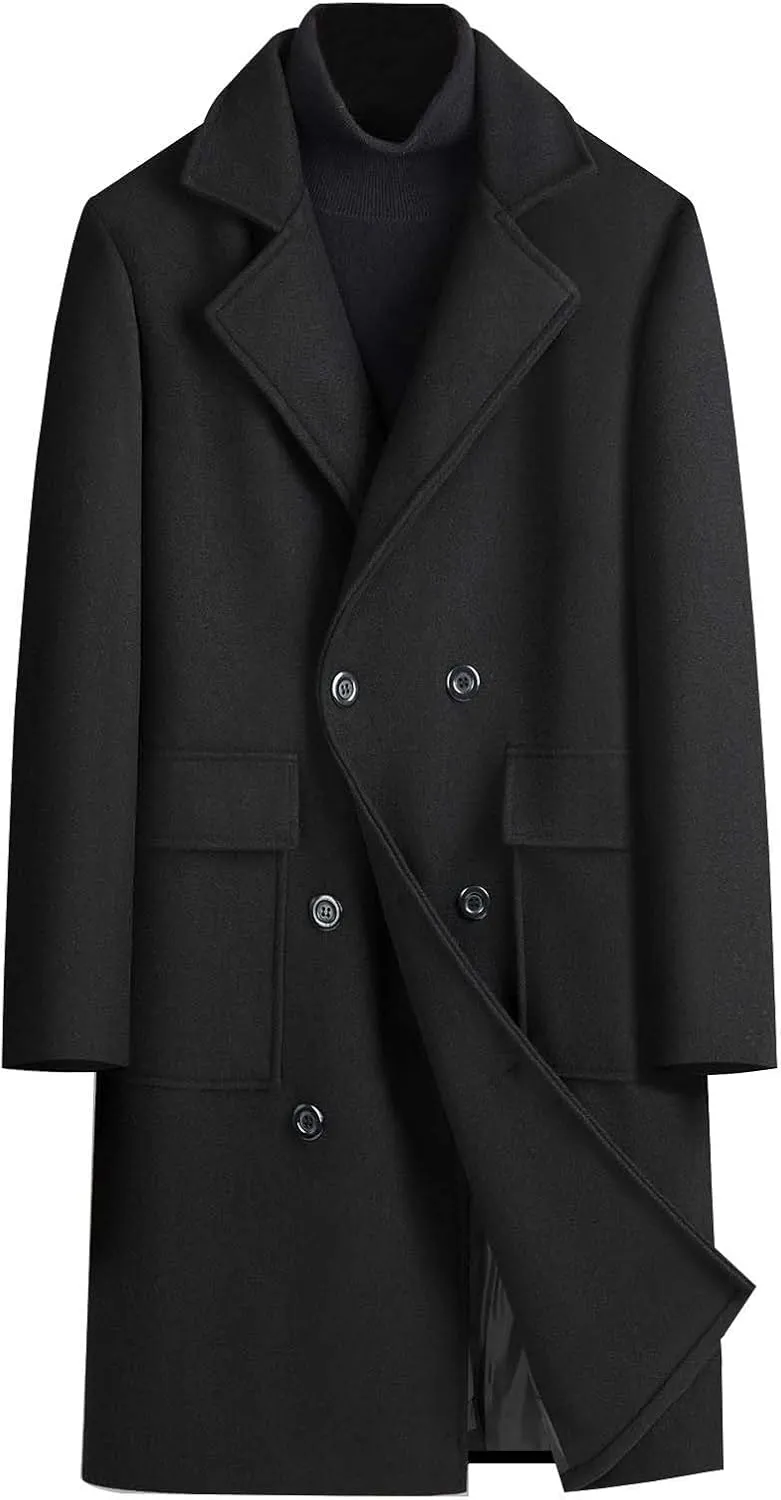 Dgoopd Trench Coat Men Long Double Breasted Coat Notch Lapel Jacket Wool Blend Peacoat Plus Size Overcoat Fall Winter Coats