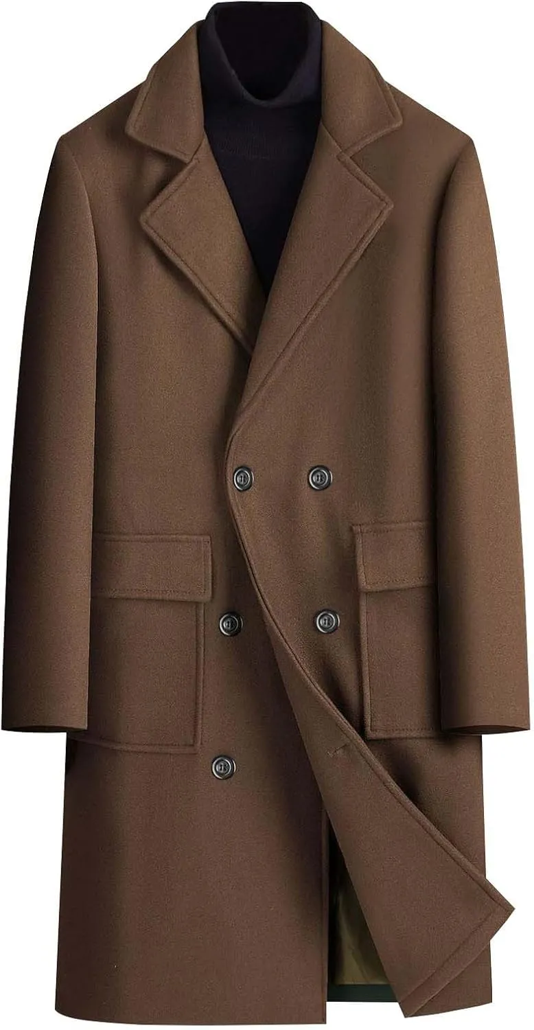 Dgoopd Trench Coat Men Long Double Breasted Coat Notch Lapel Jacket Wool Blend Peacoat Plus Size Overcoat Fall Winter Coats