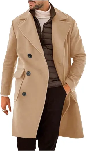 Dgoopd Trench Coat Men Long Double Breasted Coat Notch Lapel Jacket Wool Blend Peacoat Plus Size Overcoat Fall Winter Coats