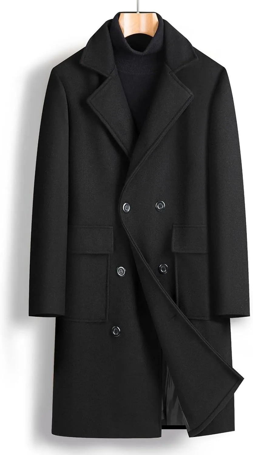 Dgoopd Trench Coat Men Long Double Breasted Coat Notch Lapel Jacket Wool Blend Peacoat Plus Size Overcoat Fall Winter Coats
