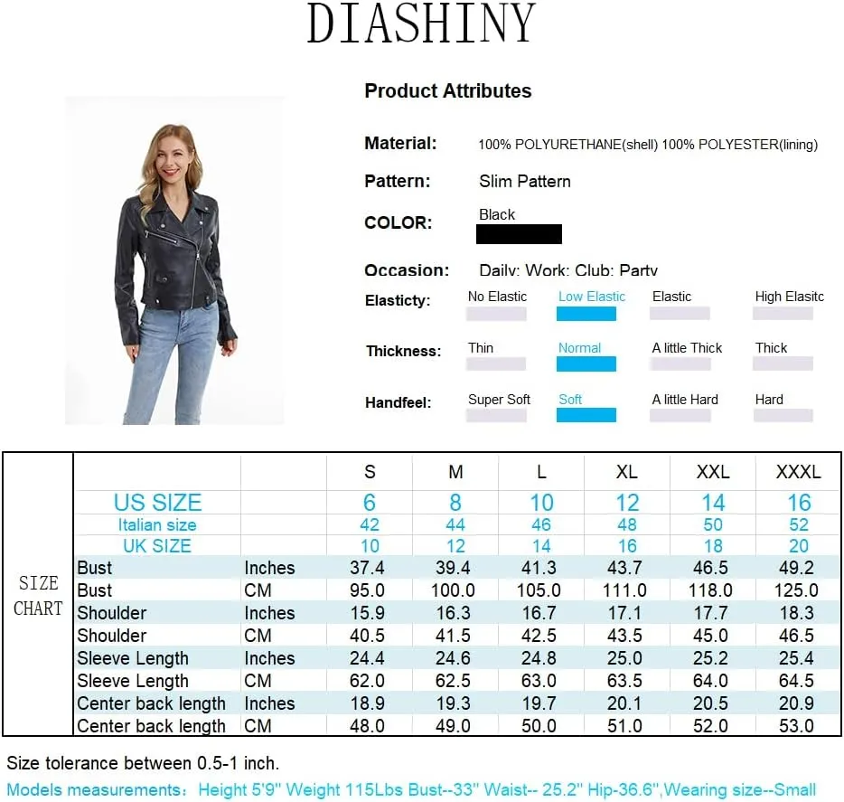 DIASHINY Faux Leather Jacket For Women Crop Short Cropped PU Slim Zip Up Moto Biker Coat Motorcycle Jackets