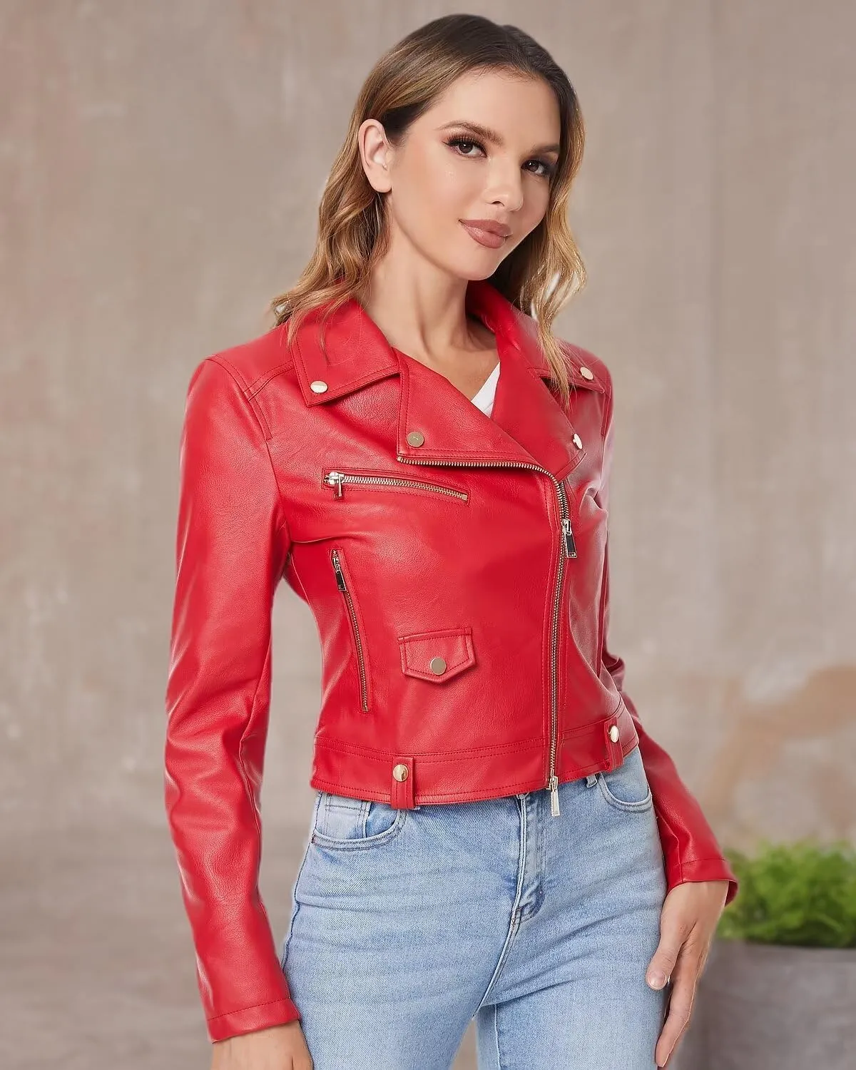 DIASHINY Faux Leather Jacket For Women Crop Short Cropped PU Slim Zip Up Moto Biker Coat Motorcycle Jackets