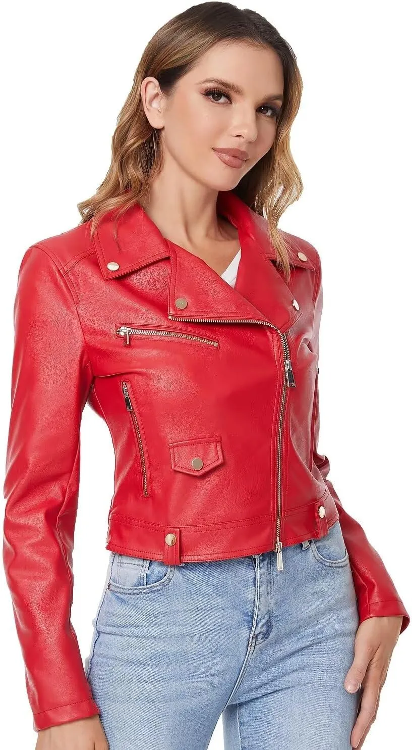 DIASHINY Faux Leather Jacket For Women Crop Short Cropped PU Slim Zip Up Moto Biker Coat Motorcycle Jackets