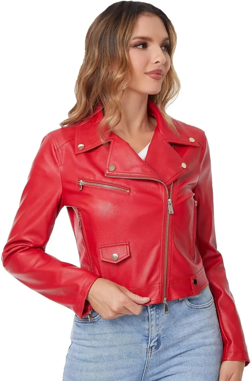 DIASHINY Faux Leather Jacket For Women Crop Short Cropped PU Slim Zip Up Moto Biker Coat Motorcycle Jackets
