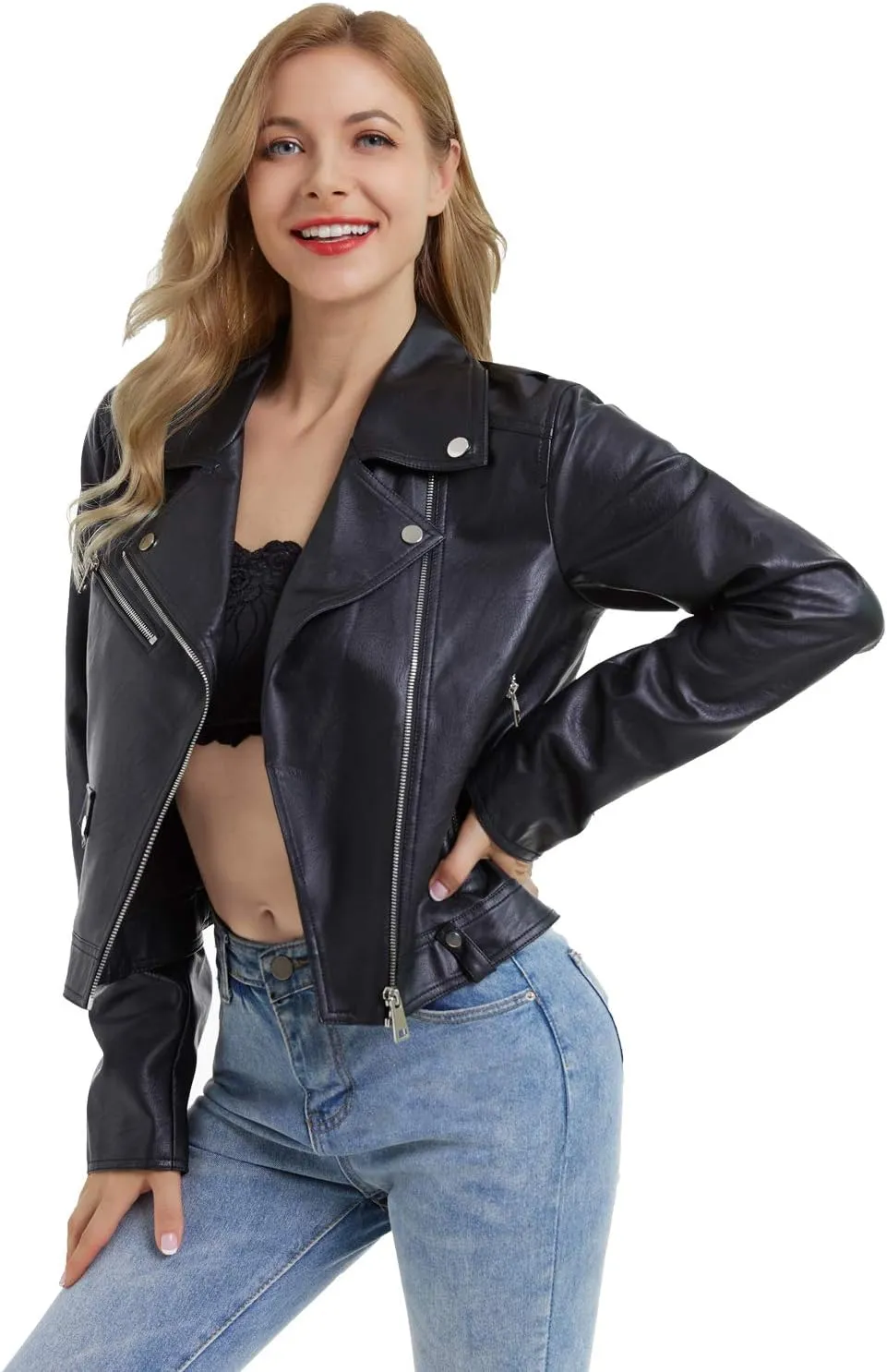 DIASHINY Faux Leather Jacket For Women Crop Short Cropped PU Slim Zip Up Moto Biker Coat Motorcycle Jackets