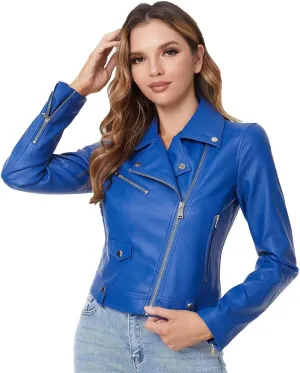 DIASHINY Faux Leather Jacket For Women Crop Short Cropped PU Slim Zip Up Moto Biker Coat Motorcycle Jackets
