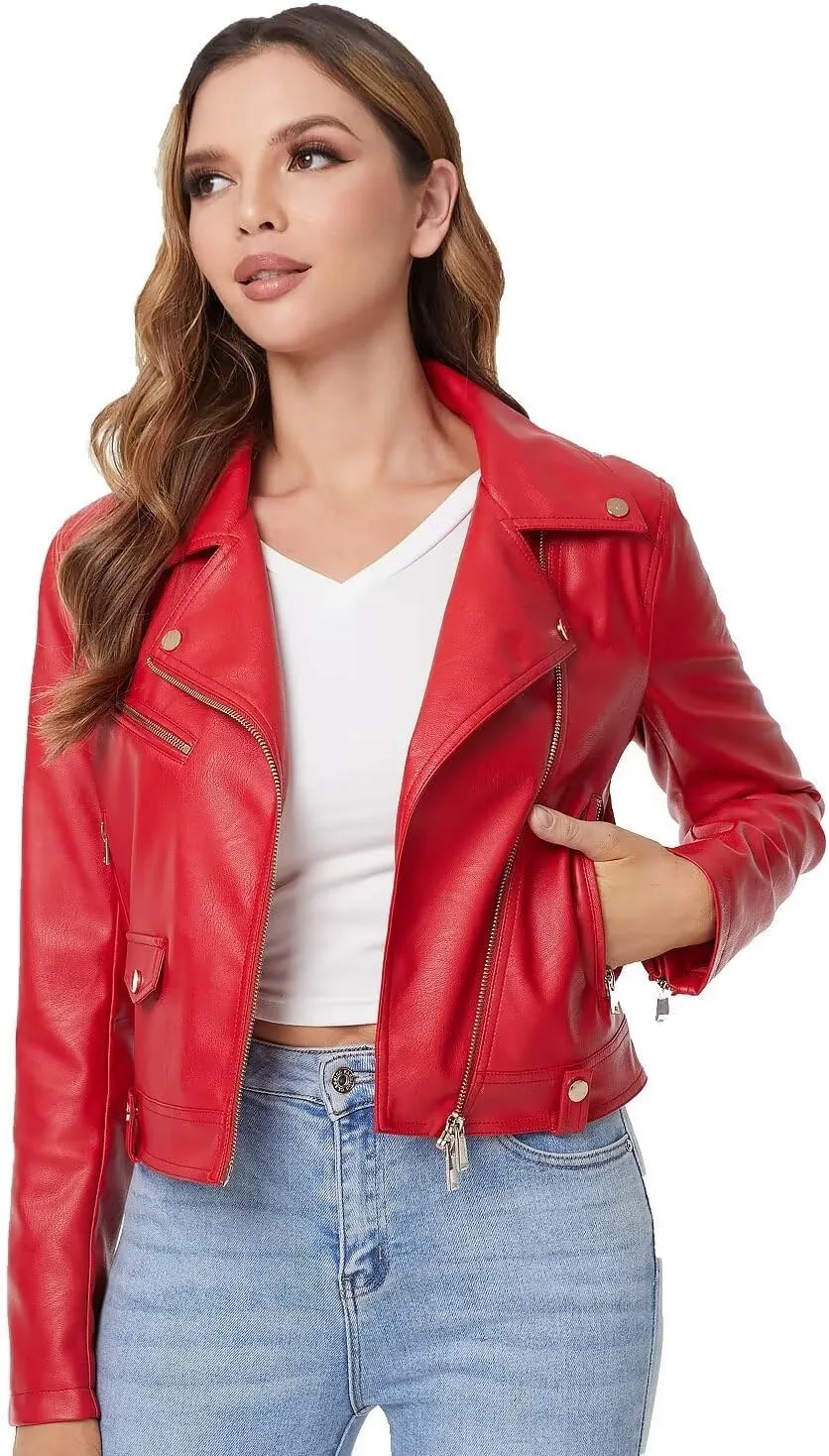 DIASHINY Faux Leather Jacket For Women Crop Short Cropped PU Slim Zip Up Moto Biker Coat Motorcycle Jackets