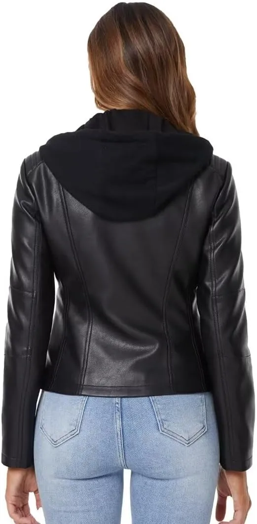 DIASHINY Faux Leather Jacket For Women Removable Hooded Moto Biker Outwear Coat
