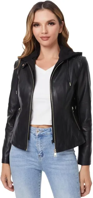 DIASHINY Faux Leather Jacket For Women Removable Hooded Moto Biker Outwear Coat