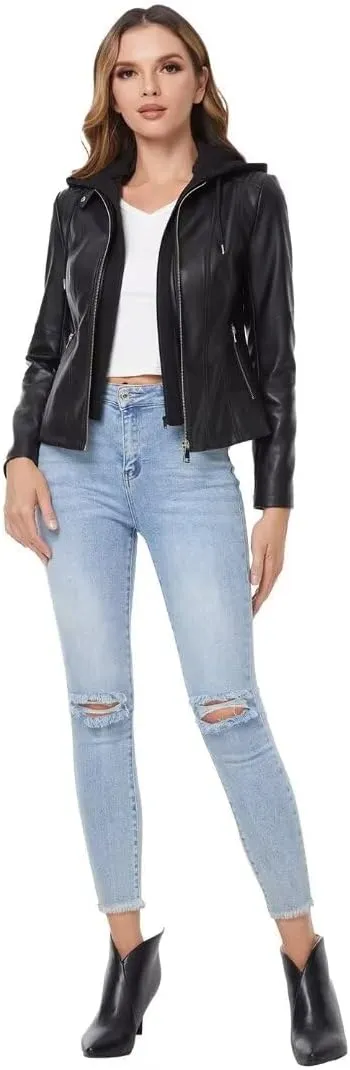 DIASHINY Faux Leather Jacket For Women Removable Hooded Moto Biker Outwear Coat
