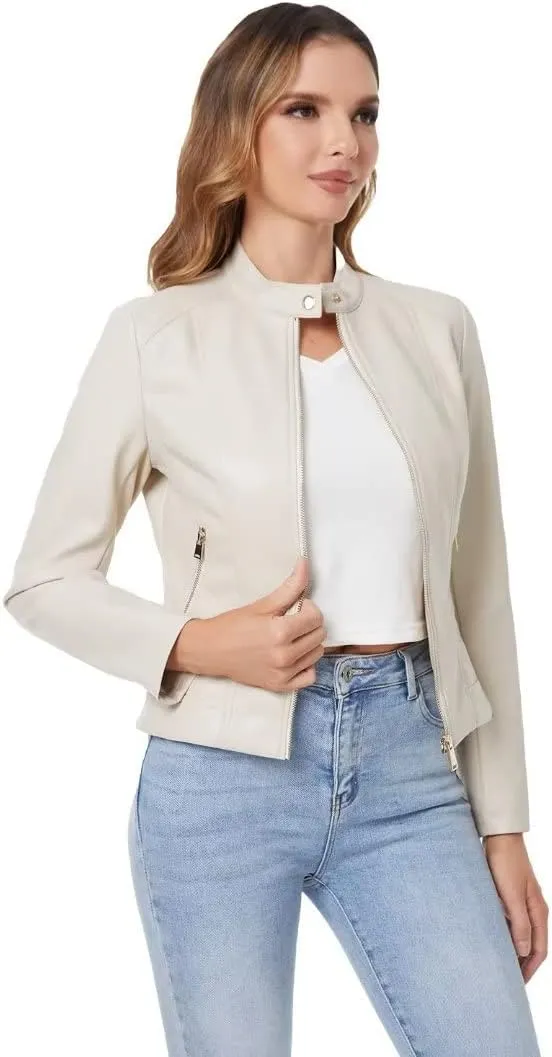DIASHINY Faux Leather Jacket For Women, Zip Up Moto Biker Coat, Short PU Motorcycle Outwear