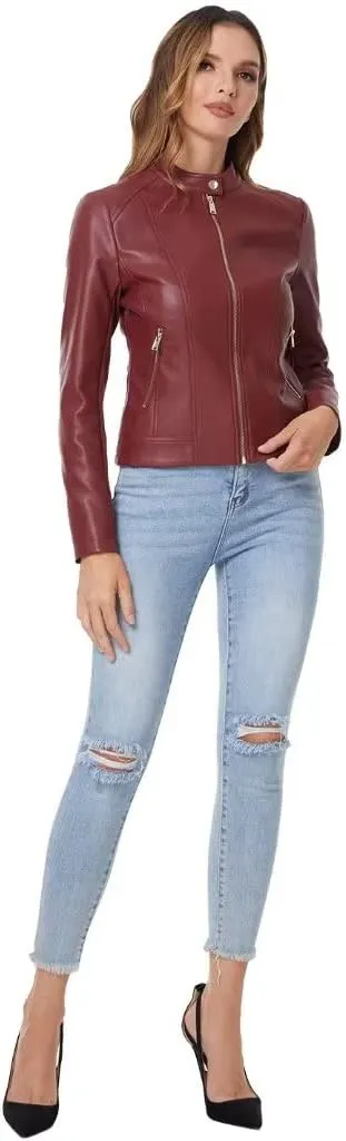 DIASHINY Faux Leather Jacket For Women, Zip Up Moto Biker Coat, Short PU Motorcycle Outwear